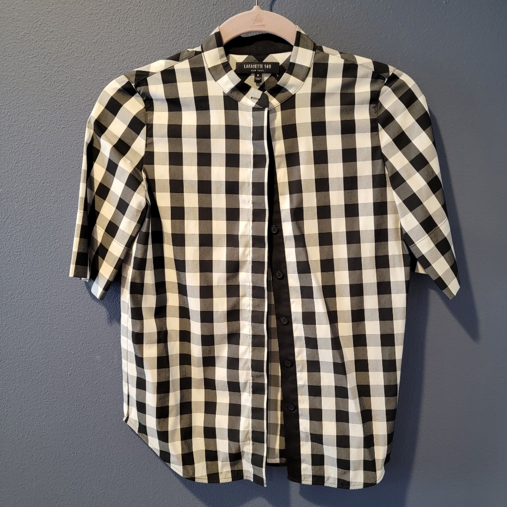 Lafayette 148 New York Checkered Button Down Short Sleeve Shirt Women's XS/P